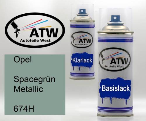 Opel, Spacegrün Metallic, 674H: 400ml Sprühdose + 400ml Klarlack - Set, von ATW Autoteile West.